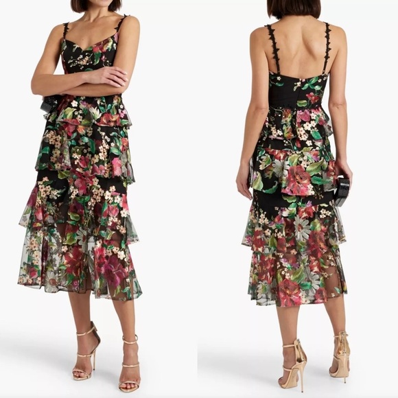 Marchesa Dresses & Skirts - Marchesa Notte Tiered Floral-Embroidered Dress Black
